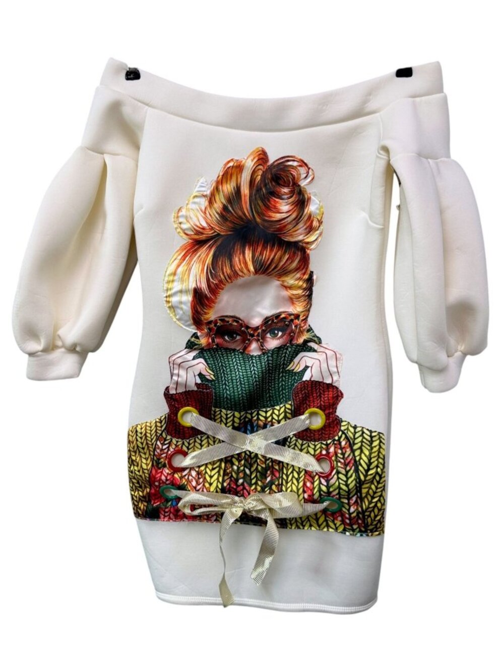 Day & Night Graphic Print Mini Dress Cream Small Off Shoulder Halloween Y2K
